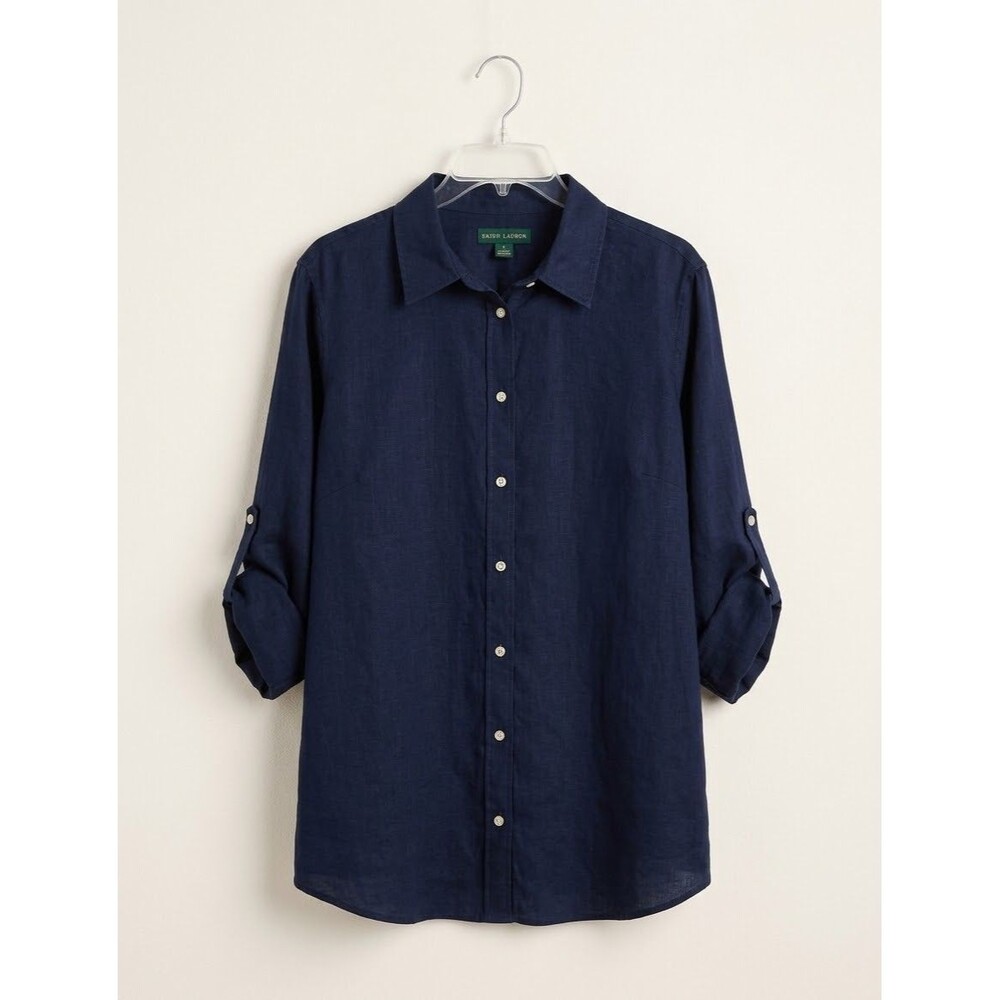 Ralph Lauren 100% LINEN Roll Tab Sleeve Shirt Women Plus Size 3X Navy Blue